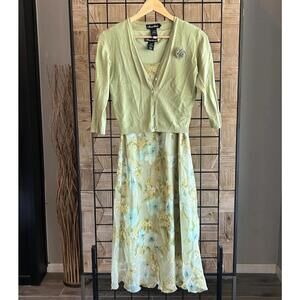 Meghan Mathews Sleeveless Chiffon Dress & Cardigan Sz 4 Light Green Floral